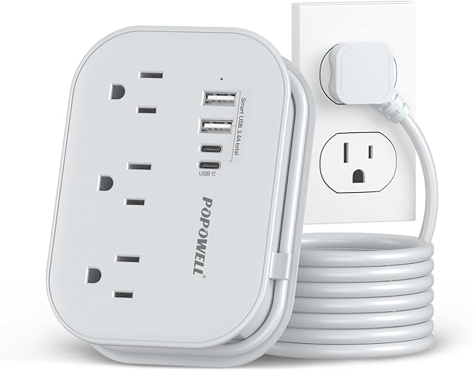 Flat Plug Power Strip- USB Travel Power Strip, 3 Outlets and 4 USB Ports(2 USBC) Desktop Charging Station, 5 Ft Wrapped Extension Cord, Non-Surge Protector for Cruise Essentials, Travel, Home, Dorm.
