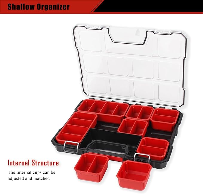 Tools Organizer, Small Parts Storage Toolbox, 17.3 * 13.7 * 2.5" Durable Hardware Box Storage, with Removable Inner Cups