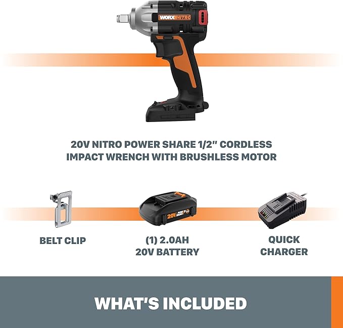 WORX Nitro WX272L 20V Power Share 1/2" Cordless Impact Wrench with Brushless Motor