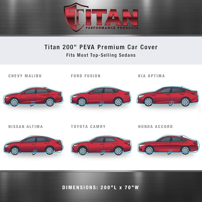Titan Premium Multi-Layer PEVA Car Cover for Sedans 186-202". Waterproof, UV Protection, Anti-Scratch Protective Lining, Driver-Side Zippered Opening. Fits Camry, Accord and More.