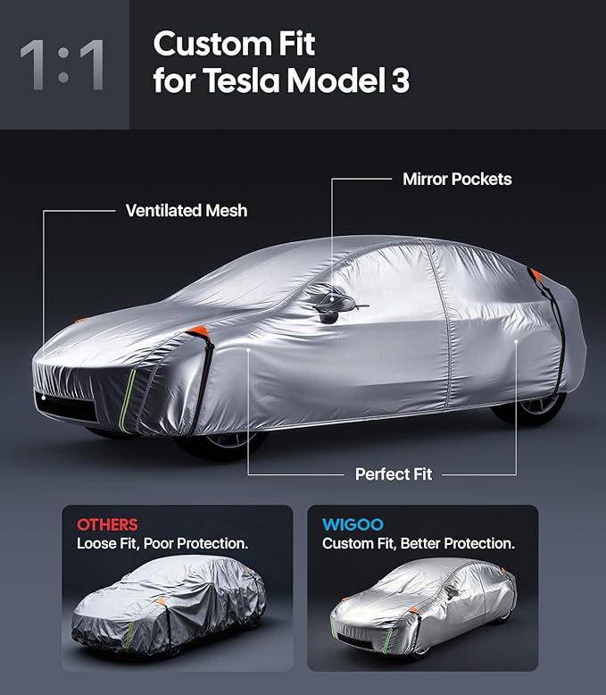 Wigoo Tesla Model 3 Car Cover Accessories (2017–2026), Custom Fit All-Weather Outdoor, Waterproof UV Sun & Heat Protection, Ventilated Design, Windproof, Smooth Paint-Safe Lining, Charging Port Zipper