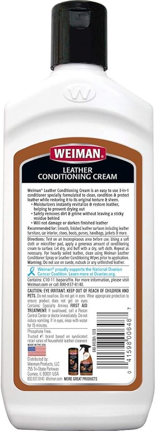 Weiman 3 in 1 Deep Leather Cleaner & Conditioner Cream - Restores Leather Surfaces - Use on Leather Furniture, Car Seats, Shoes, Bags, Jackets, Saddles