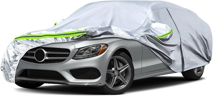 Waterproof Car Covers Replace for 2008-2025 Mercedes Benz C-Class C250 C300 C350, 6 Layers Silver All Weather Car Cover with Zipper Door & Windproof Bands for Snow Rain Dust Protection