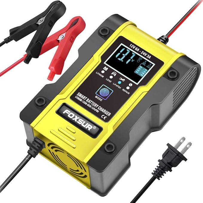 12V/6A Battery Charger Automotive 7-Stage Multifunction Smart Charger Maintainer 24V/3Afor Car, Truck, Motorcycle, Lawn Mower, Boat, ATV, Lithium/LiFePO4/Lead-Acid/Deep Cycle Battery Charger
