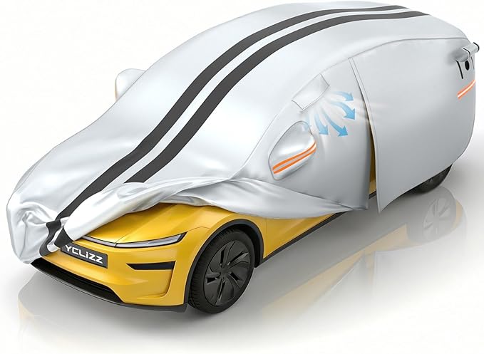 car Cover Custom Fit Tesla Model Y 2020-2026, Outdoor Waterproof with Breathable Vents All Weather, 10 Layers Heavy Duty Full Exterior Car Covers for Rain Sun UV Protection with Door Zipper