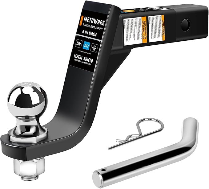 METOWARE Trailer Hitch Ball Mount with 2-Inch Ball & 5/8" Hitch Pin Clip, Fits 2-Inch Receiver, 6-Inch Drop, 7500 lbs Capacity Ball Hitch, Black