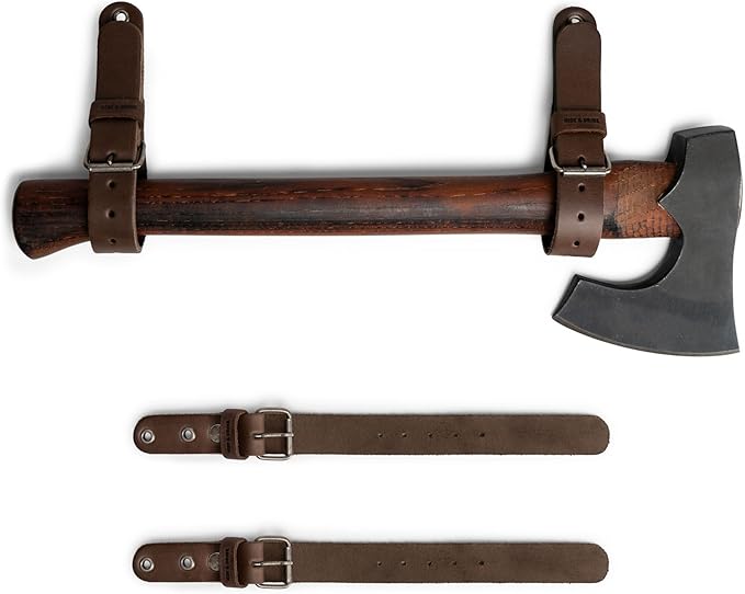 Leather Wall Hanging Straps, Set of 2, Buckle Closure for Axes, Hatchets & Tools, Heavy Duty Tool Hangers, Garage Storage Organization, Axe Mount Holders, Organizer Hooks