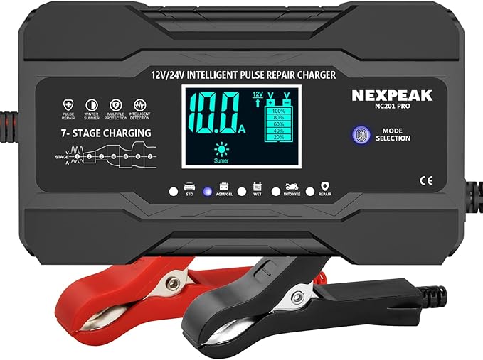 NEXPEAK 10-Amp Car Battery Charger, 12V and 24V Smart Fully Automatic Maintainer Trickle Charger w/Temperature Compensation for Truck Motorcycle Lawn Mower Boat Marine Lead Acid Batteries