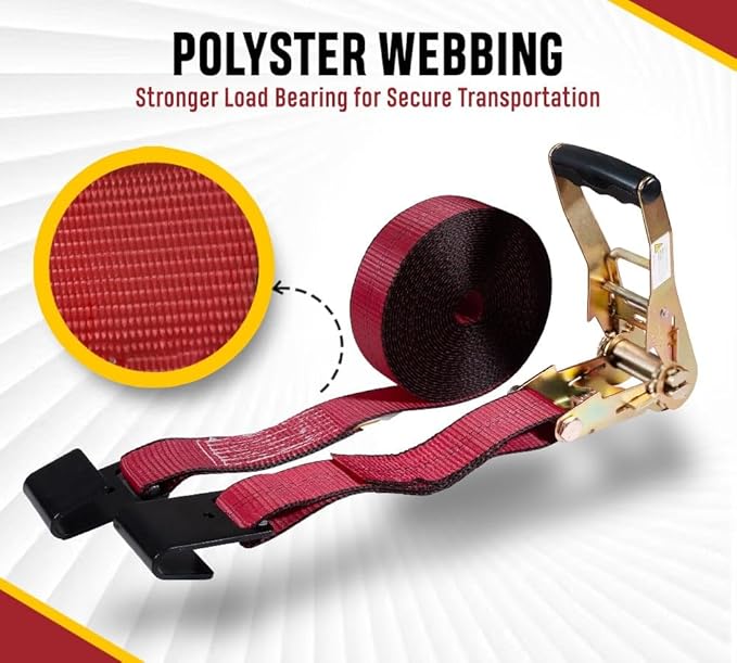 Mytee Products Ratchet Tie-Down Straps with Flat Hooks, 2" x 30' Ratchet Straps Red | 10,000 Lbs Breaking Strength | TieDown Ratchet Straps for Flatbed, Truck, Trailers Pickup - 10 Pack