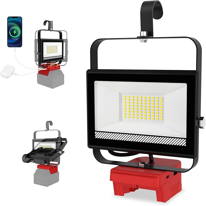 60W 6000LM Cordless Work Light Compatible with Milwaukee 18V Battery (Battery Not Included), Portable LED Flashlgiht Flood Light with USB &Type C Charging for Job Site, Emergency, Camping