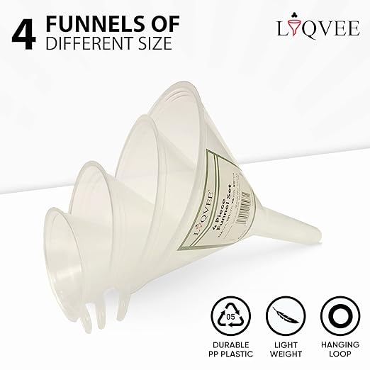 Funnel Set (4 Sizes: 122, 101, 76, 50mm) - Durable, Non-Toxic, Food-Grade Plastic funnels for Filling Bottles and containers. Ideal for Kitchen, Garage, or Labs. Perfect for Precise Pouring.