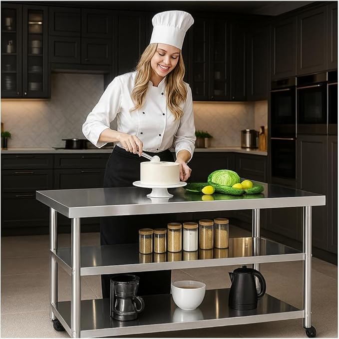 Stainless Steel Table with Wheels for Food Preparation and Work, Multi-Size Optional, Three-Layer Variable Two-Layer Metal Commercial Workbench Outdoor, Restaurant, Kitchen (51" Lx32 Wx34 H)
