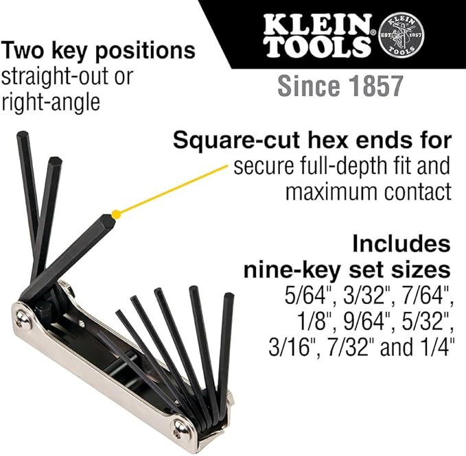Klein Tools 70591 Folding Hex Key Set, 9-Key, SAE Sizes