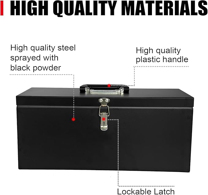 Peastorm Small Steel Metal Tool Box, Lockable Storage Box for Storing Valuable Items, Office Documents, Garage Tools (16" Black)