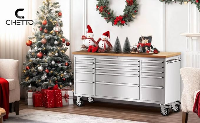 CHETTO C 72" Tool Cabinet Chest with 15 Drawers Mobile Rolling Workbench Large Tool Box Lockable Storage Cabinet with Wheels for Garage Workshop Stainless Steel 2 Pack