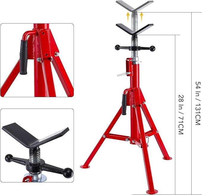 PioneerWorks V Head Pipe Jack Stand, 28-52in Adjustable Height, 2500Lbs Load, 1/8"-12" Pipe Capacity, Heavy Duty Pipe Stand Carbon Steel, Steel Jack Stands Portable Folding for Welding, Threading