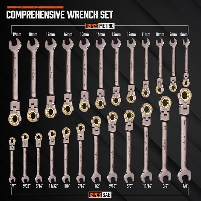 HORUSDY Flex-Head Ratcheting Combination Wrench Set,24-Piece Flex-Head Ratcheting Wrench Set(Metric and SAE)