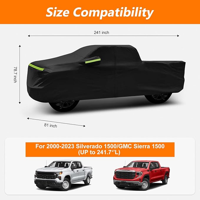 Car Cover for Chevy Silverado 1500 Crew Cab 6.6 ft. Bed, Waterproof All Weather Pickup Truck Covers with Zipper Windproof Heavy Duty Protection for 2000-2023 Silverado 1500/GMC Sierra 1500