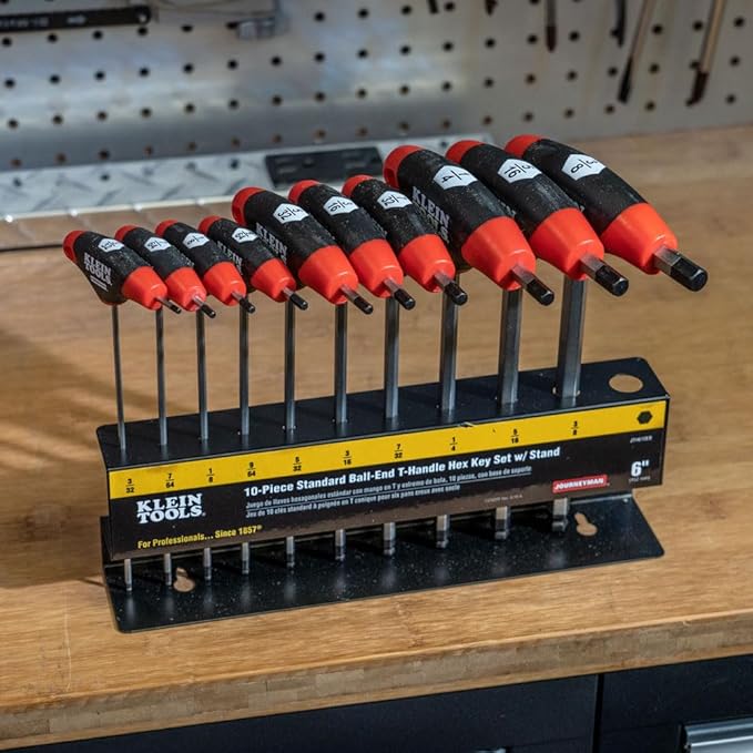 Klein Tools JTH610EB Ball End T-Handle Hex Key Set, SAE Inch Sizes Allen Wrench Set with 6-Inch Blades, Stand Included, 10-Piece
