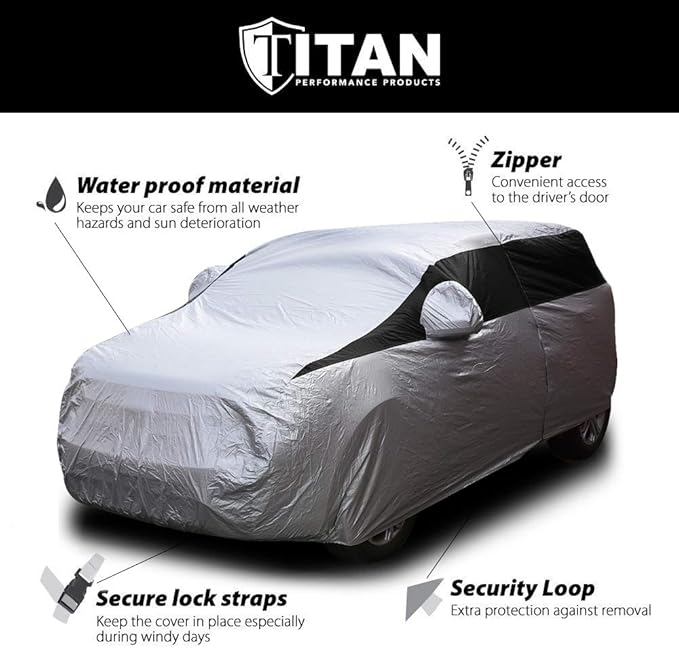 Titan Lightweight Poly 210T Car Cover for Compact SUV 170-187". Waterproof, UV Protection, Scratch Resistant, Driver-Side Zippered Opening. Fits Rav4, Rogue, CR-V and More.