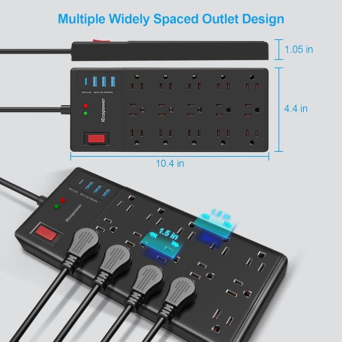 Surge Protector Power Strip 15 ft cord-15 Widely Spaced Outlets and 4 USB Ports(1 USB C Port),14 AWG Extension Cord,1875W/15A Heavy Duty Power Strip Surge Protector 15 ft Cord,2800J,Black