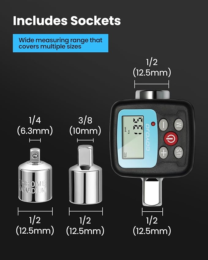 GOYOJO Digital Torque Wrench Adapter, 4-135Nm (2.95-99.6 ft-lb) Electronic Torque Converter with Digital Display, 1/2", 1/4", 3/8" Adapters for Motorcycles, Engine Maintenance, and Versatile DIY Use