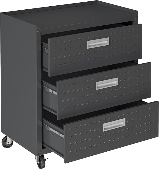 Manhattan Comfort Fortress 31.5-Inch Rolling Garage Tool Chest, 3-Drawer Lockable Mobile Storage Cabinet, Diamond-Textured Steel Utility Organizer with Wheels for Basement, Workshop in Charcoal Grey
