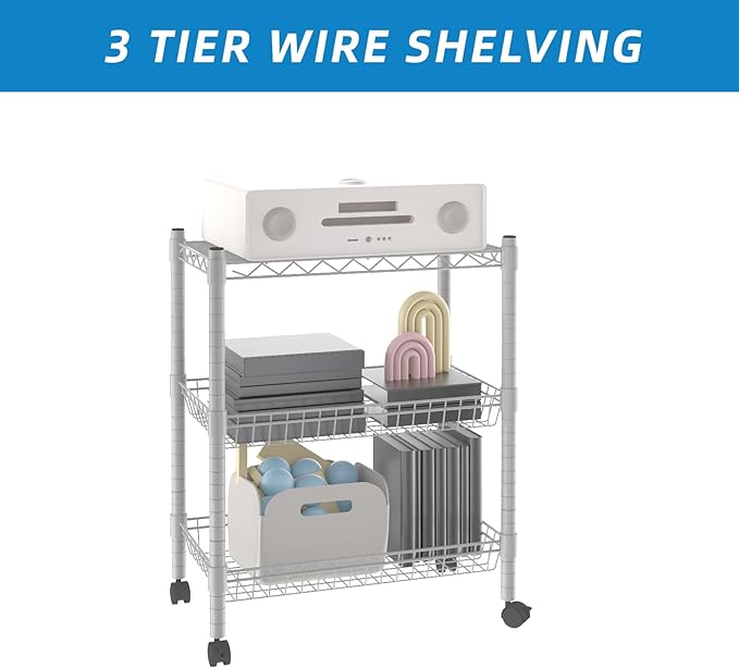 Guan River 3 Tier Wire Shelving Wire Basket Shelf Storage Cart Adjustable Metal Shelf 2 Bottoms for Choose(Castor or Leveling Feet) for Office,Kitchen,Bedroom,Silver(23.23" L x 13.11" W x 32.28" H)