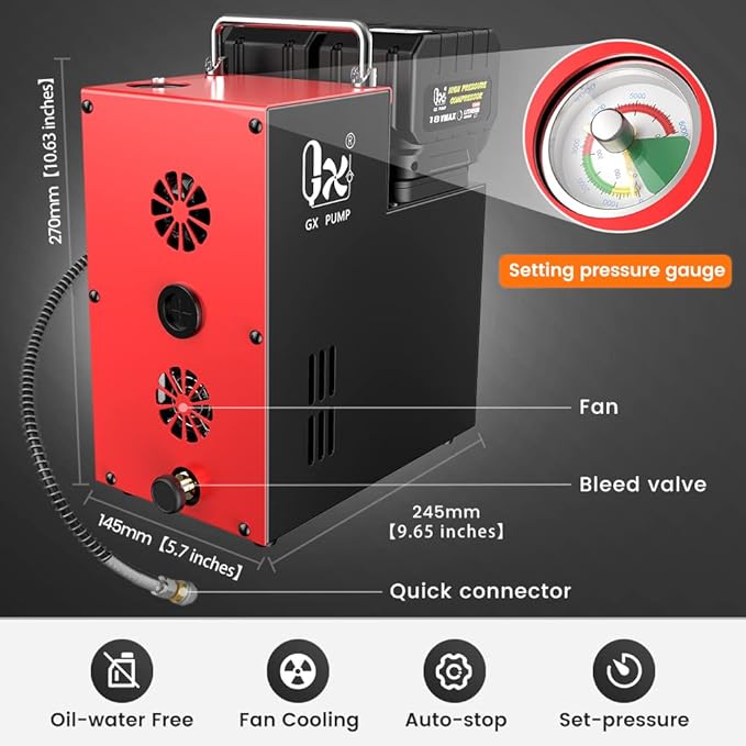 GX PUMP PCP Air Compressor L3 4500Psi/320Bar/32Mpa,PCP Compressor with Dual 18V Lithium Batteries,Set Pressure & Auto-Shutoff,Paintaball Air Compressor Built-in Oil-Water Separator&Cooling Fan