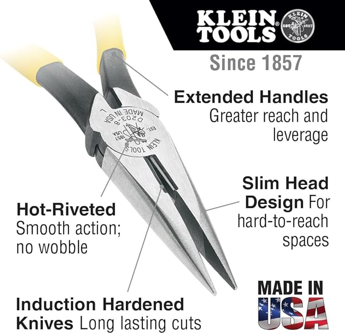 Klein Tools D203-8NCR Long Nose Side-Cutter Strip/Crimp Pliers, Induction Hardened and Heavier For Increased Cutting Power, 8-Inch