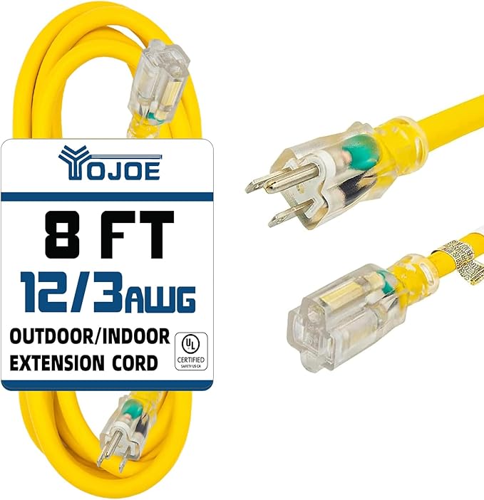 YOJOE Indoor Outdoor Extension Cord with Lighted End, 3 Prong 15A Weatherproof Power Cord, 12 Gauge Heavy Duty 8 ft Yellow Extension Cord for Garage, Garden and Home, 12/3 SJTW UL Listed