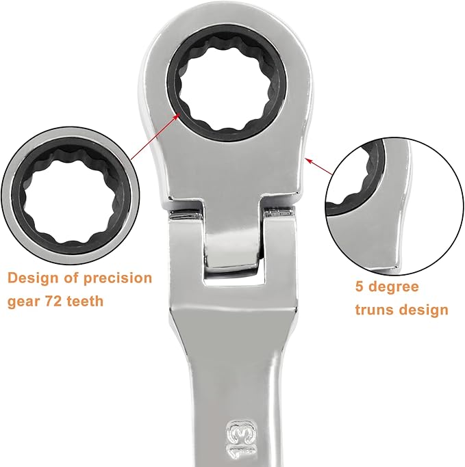 Piutouyar 13mm Flex-Head Ratcheting Wrench, Professional Metric Ratchet Wrench Combination Wrench Box Ended Spanner Tool for Projects Repair(5° Movement and 72 Teeth 12 Point, CR-V)
