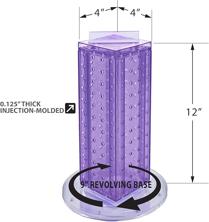 Azar Displays 700220-PUR-2C16 Four-Sided 4”W x 12” Revolving Pegboard Tower Kit Counter Display with 16-Pack of 2 inch Locking Hooks, Purple