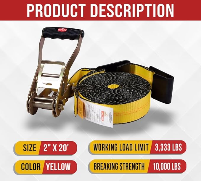 Mytee Products 20 Pack Ratchet Tie-Downs with Flat Hooks, 2" x 20' Yellow Ratchet Straps | 10,000 Lbs Breaking Strength | Tie Down Ratchet Straps for Flatbed, Truck, Trailers Pickup