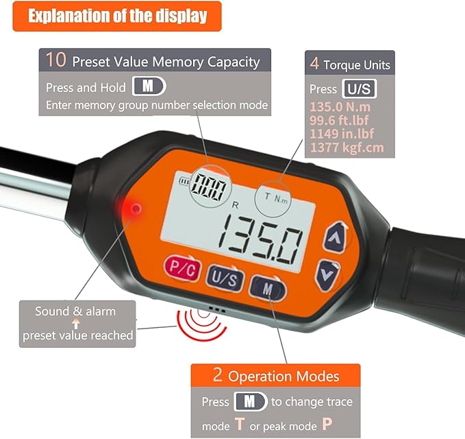 SUG Mini Digital Torque Wrench (1/2-Inch, 2.9-99.6 ft-lbs/4.0-135.0 Nm)