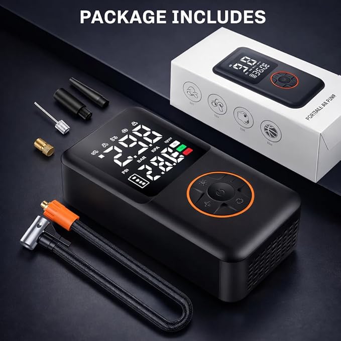 Tire Inflator Portable Air Compressor, 150PSI Cordless Electric Bike Pump, Portable Tire Inflator with LCD Pressure Gauge & LED Light, Portable Air Pump for Car, Motorcycle, Bicycle, Balls