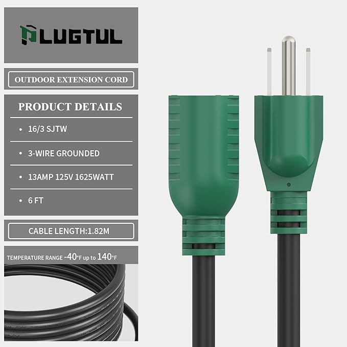 PLUGTUL 6 FT Extension Cord Waterproof, 16/3 Black Heavy Duty 3 Prong Extension Cord, 13A 1625W SJTW, ETL Listed, Great for Garden and Home