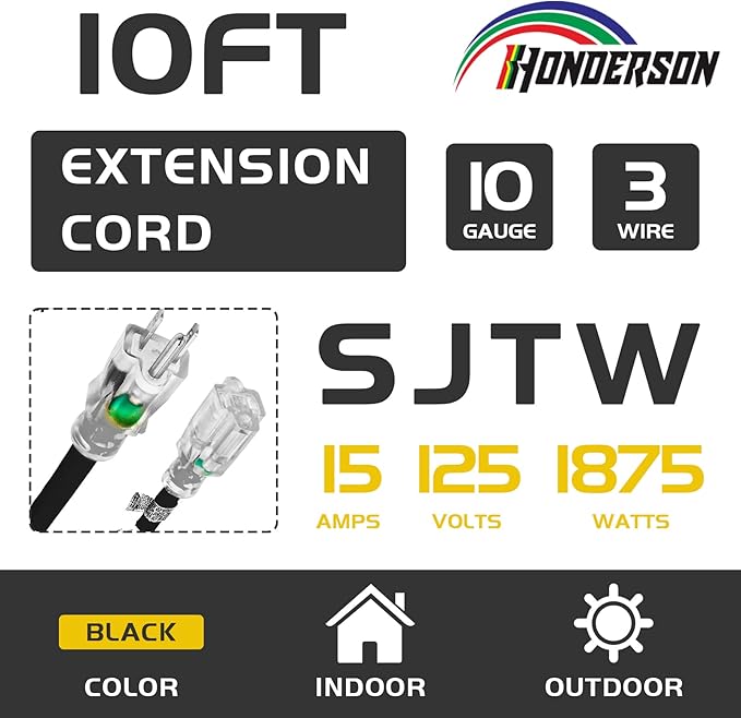 Indoor Outdoor Extension Cord Weatherproof with Lighted End, UL Listed, 10 Gauge 10FT Black 3 Prong Heavy Duty, 10/3 SJTW 15A Power Cord for Outdoor Lights, Lawn