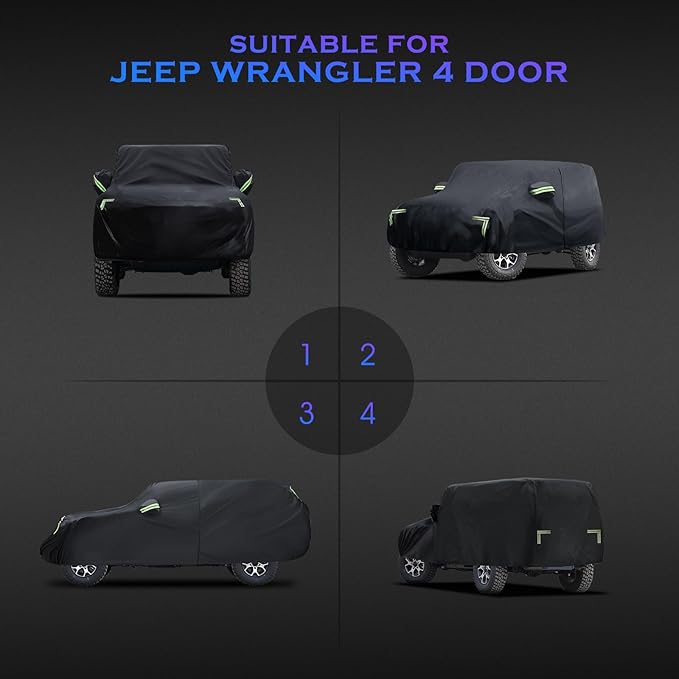 Car Cover Custom Fit for Jeep Wrangler 4 Door 2006-2026,6 Layers Truck Cover Waterproof All Weather for Automobiles,Outdoor Full Exterior Cover,Rain, Sun, Wind Protection,Black