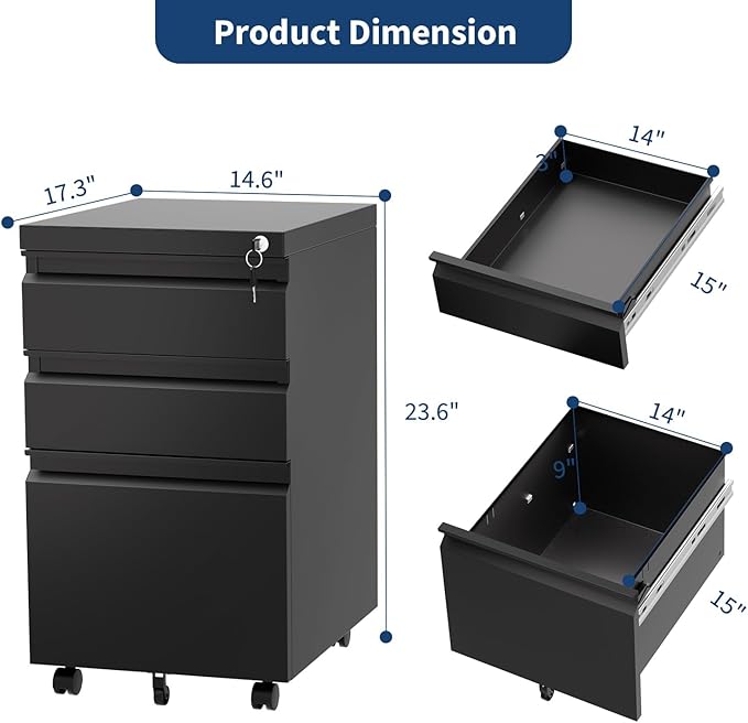 GAOMON 3-Drawer Mobile File Cabinet with Lock, Metal Filing Cabinet on Wheels, Fits Letter/Legal/A4 Files, Space-Saving Under Desk Office Storage Organizer for Home Office, Easy Assembly, Black