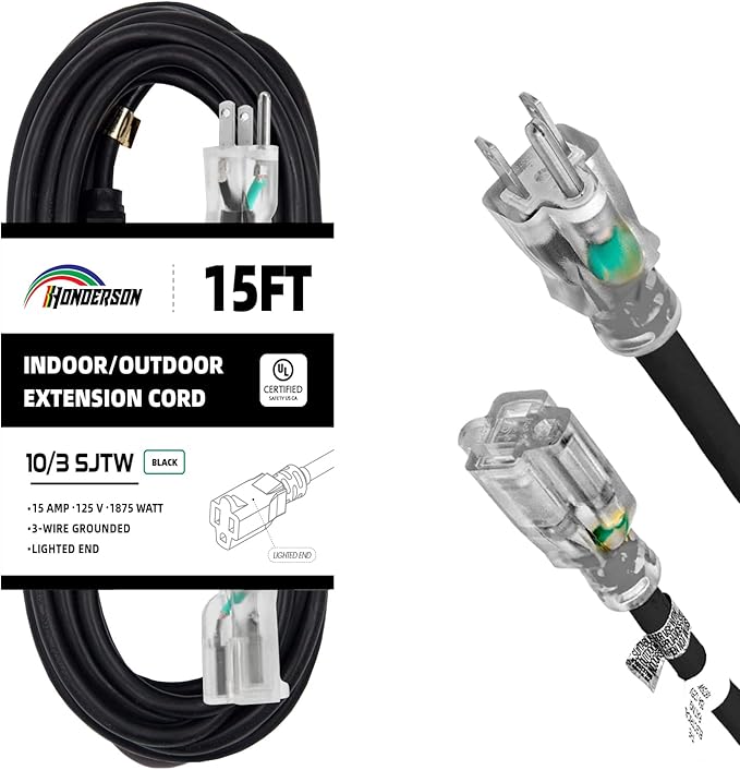 Indoor Outdoor Extension Cord Weatherproof with Lighted End, UL Listed, 10 Gauge 15FT Black 3 Prong Heavy Duty, 10/3 SJTW 15A Power Cord for Outdoor Lights, Lawn