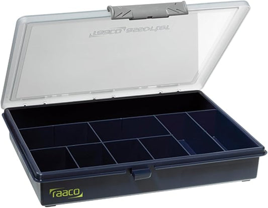Raaco Assorter Tool Box Organizer – Medium – 9 Slots Fixed Grid with Semi-Transparent Lid, Polypropylene (PP) Storage Box for Screws, Nuts and Bolts, Small Parts & Hardware (Assorter 5-9)