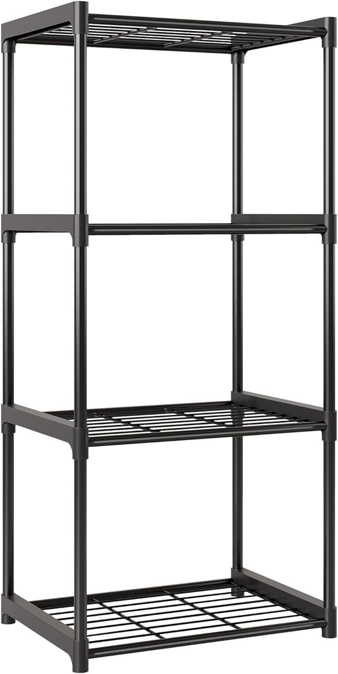 4-Tier Storage Shelves with Plastic Connectors – Metal Shelf Organizer for Pantry, Closet & Bathroom, Space-Saving Sturdy Shelving Unit Rack, Black, 17.3" x 12.8" x 42.9"