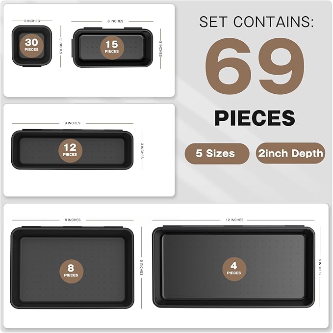 【More Larger Size】A-LUGEI【69 PCS-5 Size】 Tool Box Organizer Tray Divider Set【Black】 Desk Drawer Organizer Bin, Garage Organization and Storage Toolbox for Rolling Tool Chest Cart WorkBench Part Widget