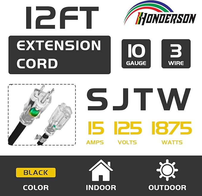 Indoor Outdoor Extension Cord Weatherproof with Lighted End, UL Certified, 10 Gauge 12FT Black 3 Prong Heavy Duty, 10/3 SJTW 15A Power Cord for Outdoor Lights, Lawn