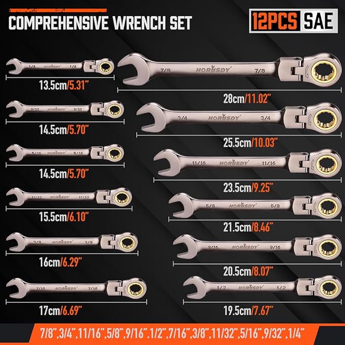 HORUSDY 12-Piece SAE Flex-Head Ratcheting Wrench Set with Organizer | 1/4” to 7/8“ Ratchet Combination Wrenches Set | 72-Teeth | Chrome Vanadium Steel