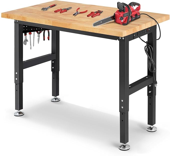 ENJOYWOOD Workbench with Pegboard 48 Inch Work Bench for Garage Adjustable Height Rubberwood Tabletop Garage Workbench with Power Outlet for Woodworking, Home, Office, Workshop