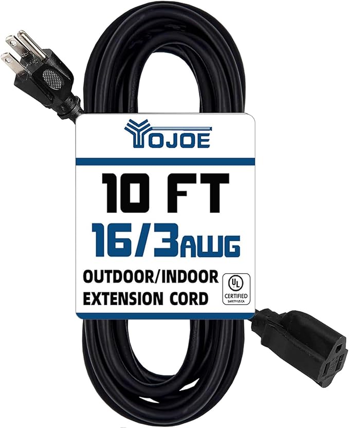YOJOE Indoor Outdoor Extension Cord, 3 Prong 13A Weatherproof Power Cord, 16 Gauge Heavy Duty 10 ft Black Extension Cord for Garage, Garden and Home, 16/3 SJTW UL Listed