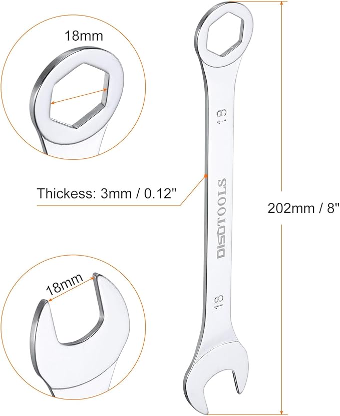 HARFINGTON Thin Combination Wrench Metric 18mm 6-Point Ended Box 15 Degree Offset Open End CR-V Chrome Plated Steel, Silver