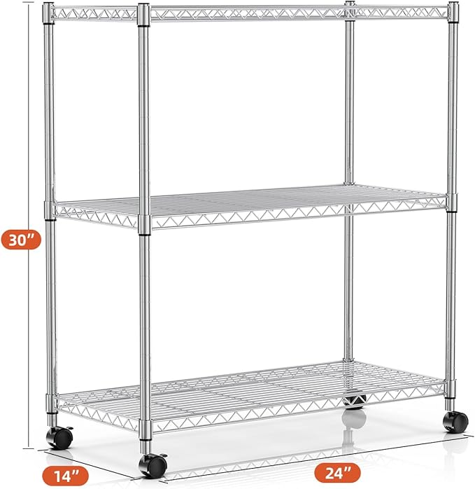 Simple Deluxe 3-Tier Storage Shelves, 750 Lbs Loading Capacity, 24.02" W x 13.78" D x 29.92" H Shelving Unit for Garage, Pantry and Kitchen, Chrome